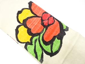 手織り真綿紬　花模様織り出し　名古屋帯